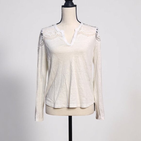 Sandro Women's Long Sleeve Lace Trim Tee - Cream - Picture 1 of 10